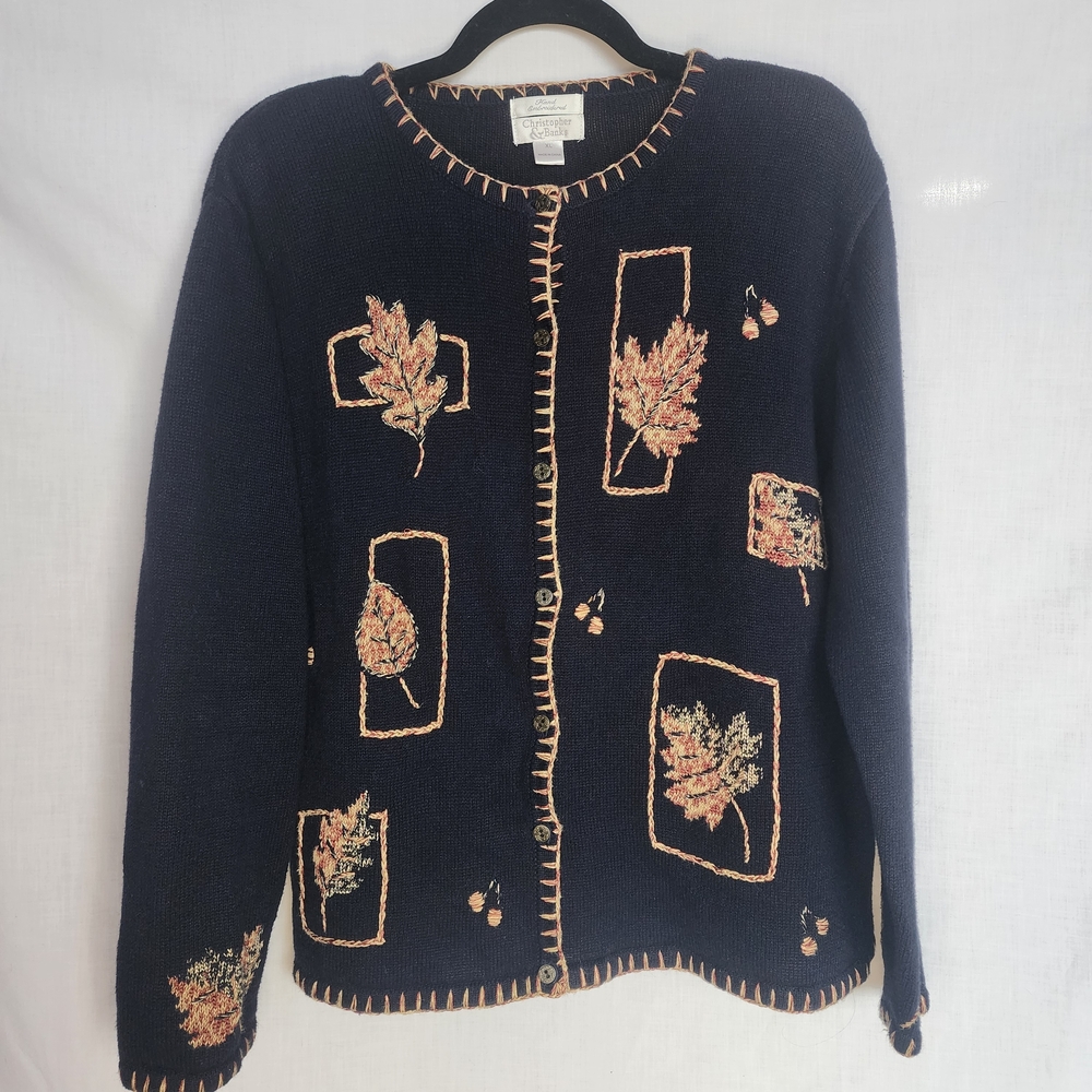 Vintage Christopher Banks Size XL Hand Embroidered Leaf Navy Blue Cardigan